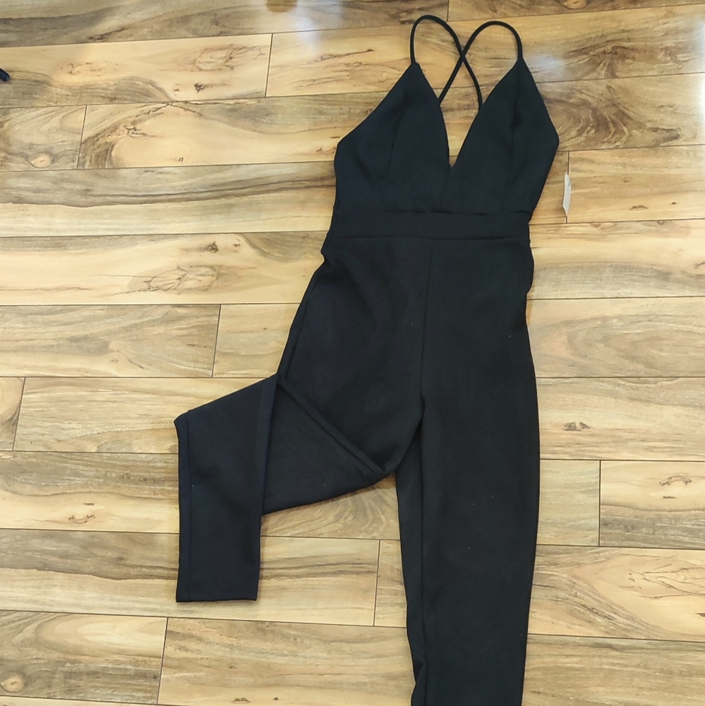 Black Faux Suede One Piece Jumpsuit